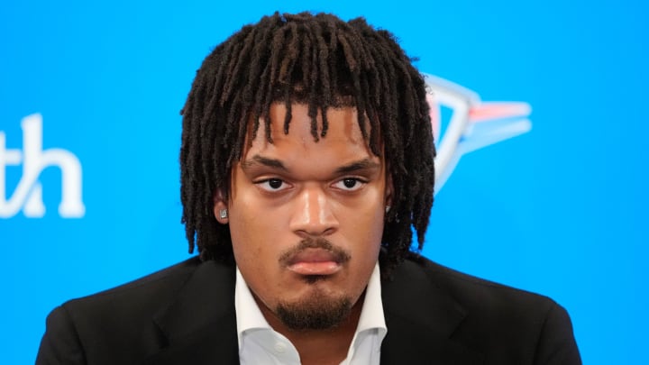 Dillon Jones speaks during an introductory press conference for the 2024 Thunder draft picks at Oklahoma Contemporary Arts Center in Oklahoma City, Saturday, June, 29, 2024.