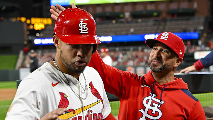 Apr 14, 2025; St. Louis, Missouri, USA; St. Louis Cardinals first baseman Willson Contreras (40) is congratulated by manager Oliver Marmol (37) after he scored against the Houston Astros during the fifth inning at Busch Stadium. Mandatory Credit: Jeff Curry-Imagn Images Apr 14, 2025; St. Louis, Missouri, USA; St. Louis Cardinals first baseman Willson Contreras (40) is congratulated by manager Oliver Marmol (37) after he scored against the Houston Astros during the fifth inning at Busch Stadium. Mandatory Credit: Jeff Curry-Imagn Images