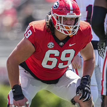 Apr 13, 2024; Athens, GA, USA; Georgia Bulldogs offensive lineman Tate Ratledge (69) shown during the G-Day Game at Sanford Stadium. Mandatory Credit: Dale Zanine-Imagn Images