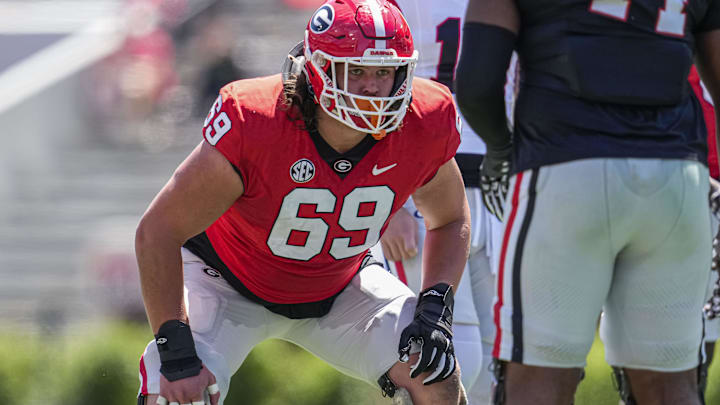 Apr 13, 2024; Athens, GA, USA; Georgia Bulldogs offensive lineman Tate Ratledge (69) shown during the G-Day Game at Sanford Stadium. Mandatory Credit: Dale Zanine-Imagn Images