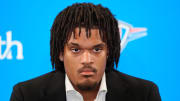 Dillon Jones speaks during an introductory press conference for the 2024 Thunder draft picks at Oklahoma Contemporary Arts Center in Oklahoma City, Saturday, June, 29, 2024.