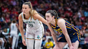 New York Liberty guard Sabrina Ionescu (20) and Indiana Fever guard Caitlin Clark.