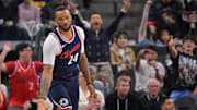 Apr 26, 2025; Inglewood, California, USA; Los Angeles Clippers guard Norman Powell (24) heads down court after a 3-point basket in the first half of game four of round one of the 2024 NBA Playoffs against the Denver Nuggets at Intuit Dome. Mandatory Credit: Jayne Kamin-Oncea-Imagn Images