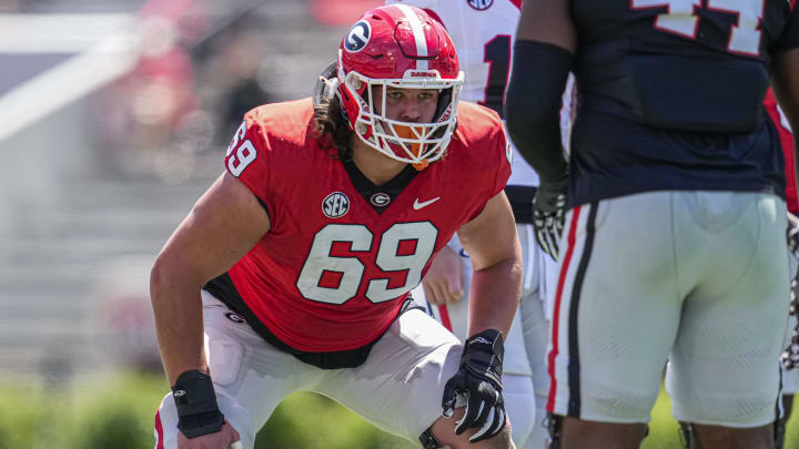 Georgia Bulldogs offensive lineman Tate Ratledge (69) shown during the G-Day Game at Sanford Stadium in April. The one time member of the Rome Wolves is a 2024 Preseason All-SEC First Team Offensive selection.