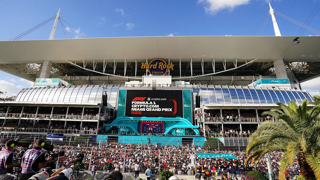 May 5, 2024; Miami Gardens, Florida, USA; F1 fans react during the Miami Grand Prix at Miami International Autodrome. Mandatory Credit: John David Mercer-Imagn Images
