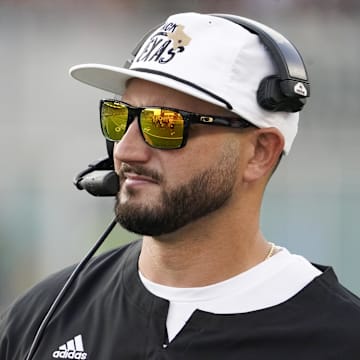 Sep 2, 2023; Waco, Texas, USA; Texas State Bobcats head coach G.J. Kinne on the sidelines during the first half against the Baylor Bears at McLane Stadium. Mandatory Credit: Raymond Carlin III-Imagn Images