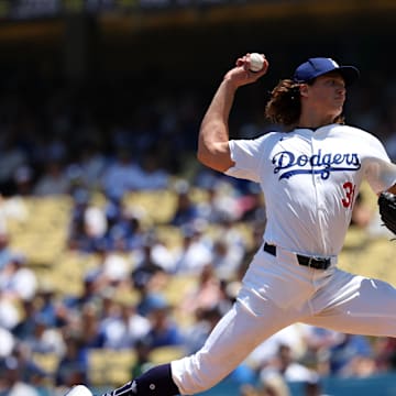 Aug 11, 2024; Los Angeles, California, USA;  Los Angeles Dodgers starting pitcher Tyler Glasnow (31) throws during the first inning against the Pittsburgh Pirates at Dodger Stadium. Mandatory Credit: Kiyoshi Mio-Imagn Images