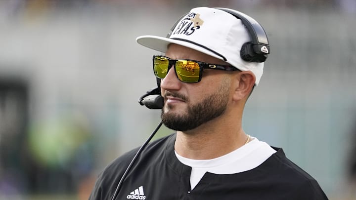 Sep 2, 2023; Waco, Texas, USA; Texas State Bobcats head coach G.J. Kinne on the sidelines during the first half against the Baylor Bears at McLane Stadium. Mandatory Credit: Raymond Carlin III-Imagn Images