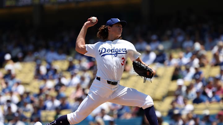 Aug 11, 2024; Los Angeles, California, USA;  Los Angeles Dodgers starting pitcher Tyler Glasnow (31) throws during the first inning against the Pittsburgh Pirates at Dodger Stadium. Mandatory Credit: Kiyoshi Mio-Imagn Images