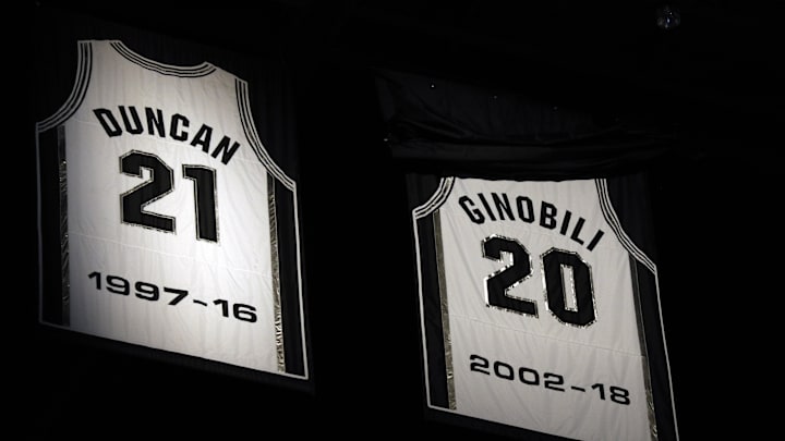 Mar 28, 2019; San Antonio, TX, USA; The jersey of San Antonio Spurs former player Manu Ginobili is unveiled during a jersey retirement ceremony at AT&T Center after a game between the Cleveland Cavaliers and San Antonio Spurs. 