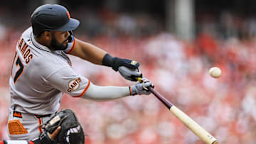 Mar 29, 2025; Cincinnati, Ohio, USA; San Francisco Giants outfielder Heliot Ramos (17) bats against the Cincinnati Reds in the eighth inning at Great American Ball Park. 