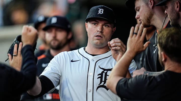 Detroit Tigers pitcher Tarik Skubal high-fives teammates in the dugout after a pitching change during the seventh inning at Comerica Park in Detroit on Wednesday, May 14, 2025.