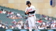 Sep 20, 2025; Minneapolis, Minnesota, USA; Minnesota Twins starting pitcher Joe Ryan (41) reacts to Cleveland Guardians third baseman Daniel Schneemann’s (10) solo home run during the fifth inning of game one of a double header at Target Field. Mandatory Credit: Matt Krohn-Imagn Images