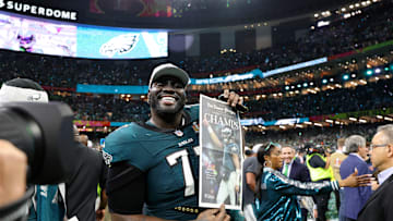 Feb 9, 2025; New Orleans, LA, USA; Philadelphia Eagles offensive tackle Mekhi Becton (77) celebrates after winning Super Bowl LIX at Caesars Superdome. Mandatory Credit: Geoff Burke-Imagn Images
