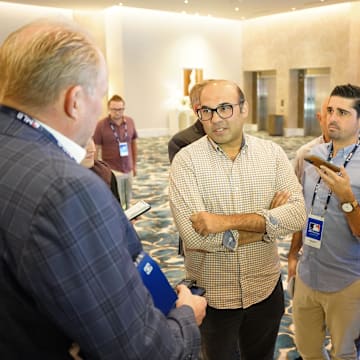 Nov 9, 2022; Las Vegas, NV, USA; San Francisco Giants president of baseball operations Farhan Zaidi answers questions from the media during the MLB GM Meetings at The Conrad Las Vegas.