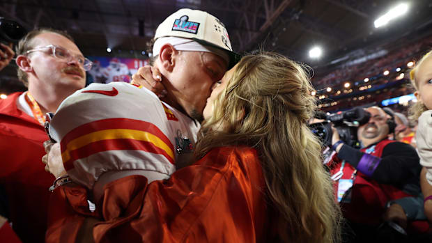 Patrick and Brittany Mahomes after Chiefs Super Bowl LVII win in February 2023