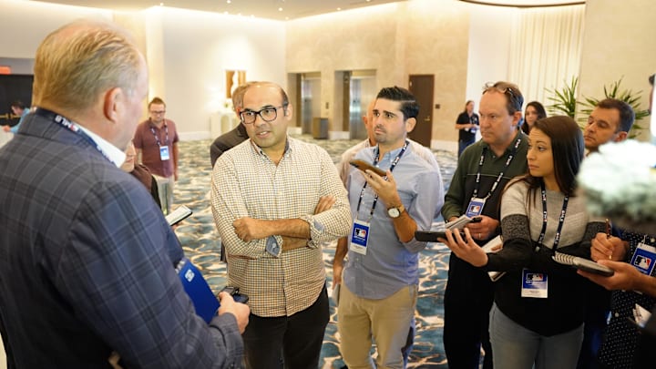 Nov 9, 2022; Las Vegas, NV, USA; San Francisco Giants president of baseball operations Farhan Zaidi answers questions from the media during the MLB GM Meetings at The Conrad Las Vegas.