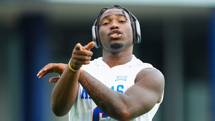 Sep 13, 2024; Kansas City, Kansas, USA; Kansas Jayhawks quarterback Jalon Daniels (6) warms up prior to a game against the UNLV Rebels at Children's Mercy Park. 