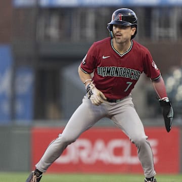 Sep 4, 2024; San Francisco, California, USA;  Arizona Diamondbacks outfielder Corbin Carroll (7) takes a lead during the first inning against the San Francisco Giants at Oracle Park.