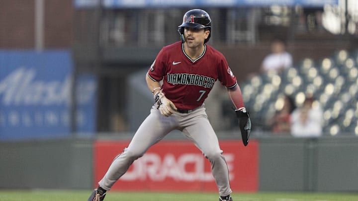 Sep 4, 2024; San Francisco, California, USA;  Arizona Diamondbacks outfielder Corbin Carroll (7) takes a lead during the first inning against the San Francisco Giants at Oracle Park.