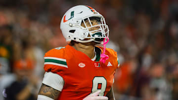 Miami Hurricanes tight end Elijah Arroyo (8) looks on after scoring a touchdown against the Virginia Tech Hokies during the first quarter at Hard Rock Stadium. 