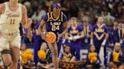 Mar 8, 2025; Greenville, SC, USA; LSU Lady Tigers guard Aneesah Morrow (24) brings the ball up court against the Texas Longhorns during the first half at Bon Secours Wellness Arena. Mandatory Credit: Jim Dedmon-Imagn Images