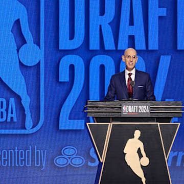 Jun 26, 2024; Brooklyn, NY, USA; NBA commissioner Adam Silver speaks before the first round of the 2024 NBA Draft at Barclays Center. Mandatory Credit: Brad Penner-Imagn Images