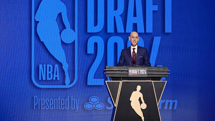 Jun 26, 2024; Brooklyn, NY, USA; NBA commissioner Adam Silver speaks before the first round of the 2024 NBA Draft at Barclays Center. Mandatory Credit: Brad Penner-Imagn Images