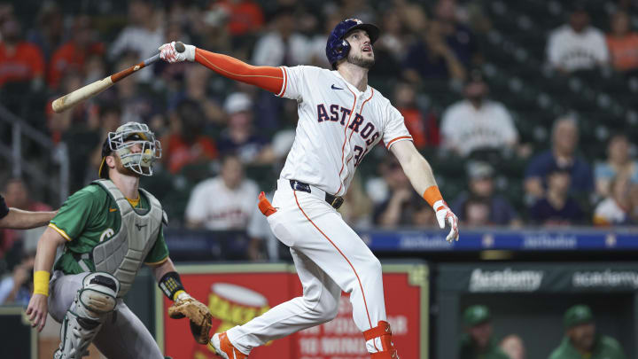 May 16, 2024; Houston, Texas, USA; Houston Astros right fielder Kyle Tucker (30) hits a single off the wall during the first inning against the Oakland Athletics at Minute Maid Park. 