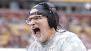 Nov 10, 2024; Landover, Maryland, USA; Washington Commanders head coach Dan Quinn celebrates on the sidelines after an interception pass against the Pittsburgh Steelers during the second half at Northwest Stadium. Mandatory Credit: Amber Searls-Imagn Images