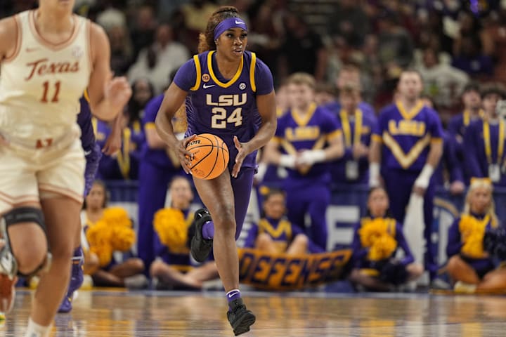 LSU Lady Tigers guard Aneesah Morrow brings the ball up court against the Texas Longhorns.