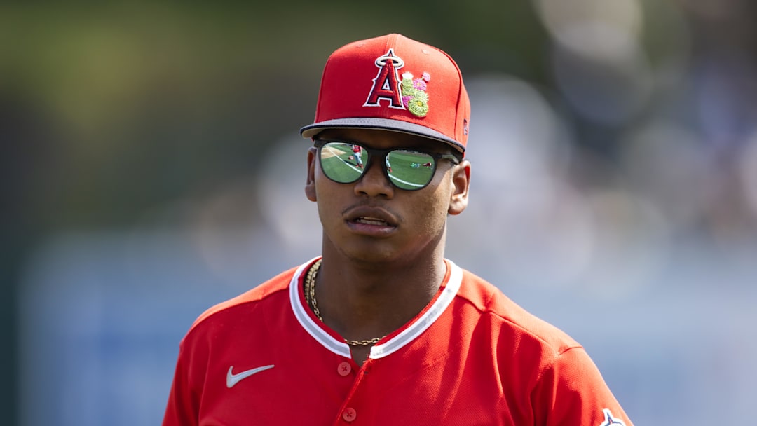 Mar 1, 2026; Phoenix, Arizona, USA; Los Angeles Angels outfielder Nelson Rada against the Los Angeles Dodgers during a spring training game at Camelback Ranch-Glendale. Mandatory Credit: Mark J. Rebilas-Imagn Images