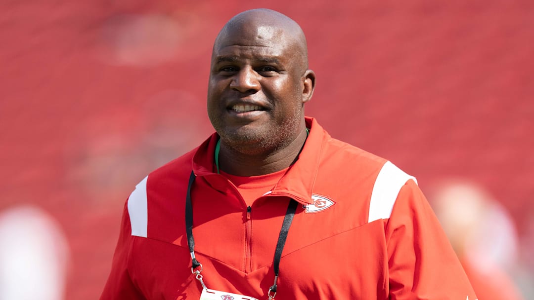 August 14, 2021; Santa Clara, California, USA; Kansas City Chiefs offensive coordinator Eric Bieniemy before the game against the San Francisco 49ers at Levi's Stadium. Mandatory Credit: Kyle Terada-Imagn Images