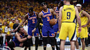 New York Knicks guard Jalen Brunson after a play against the Indiana Pacers in the 2025 NBA Playoffs