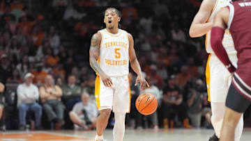 Tennessee's Zakai Zeigler (5) dribbles up the court during a men’s college basketball game between Tennessee and South Carolina at Thompson-Boling Arena at Food City Center, Saturday, March 8, 2025.