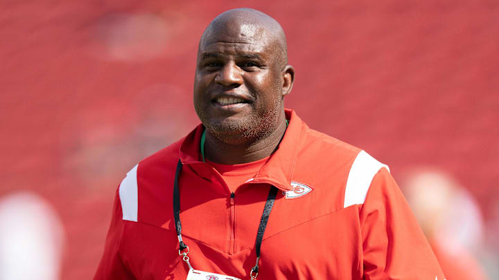 August 14, 2021; Santa Clara, California, USA; Kansas City Chiefs offensive coordinator Eric Bieniemy before the game against the San Francisco 49ers at Levi's Stadium. Mandatory Credit: Kyle Terada-Imagn Images