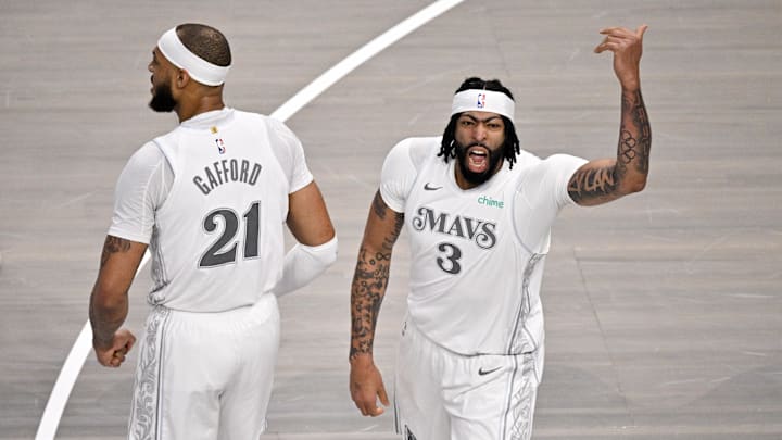 Dallas Mavericks center Gafford and forward Davis celebrate after Davis dunks the ball against the Houston Rockets during the first quarter at American Airlines Center. 