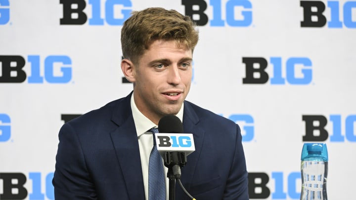 Jul 24, 2024; Indianapolis, IN, USA; Iowa Hawkeyes defensive back Quinn Schulte speaks to the media during the Big 10 football media day at Lucas Oil Stadium. Mandatory Credit: Robert Goddin-USA TODAY Sports