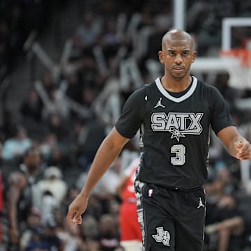 Dec 31, 2024; San Antonio, Texas, USA;  San Antonio Spurs guard Chris Paul (3) in the second half against the LA Clippers at Frost Bank Center. Mandatory Credit: Daniel Dunn-Imagn Images