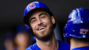 Jul 31, 2024; Cincinnati, Ohio, USA; Chicago Cubs designated hitter Cody Bellinger reacts after scoring on a sacrifice fly.