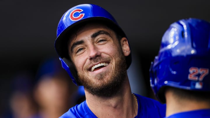 Jul 31, 2024; Cincinnati, Ohio, USA; Chicago Cubs designated hitter Cody Bellinger reacts after scoring on a sacrifice fly.