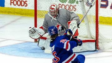Aug 3, 2024; Plymouth, MI, USA; Canada's goaltender Joshua Ravensbergen (31) makes a save on a shot from USA’s forward Cole Eiserman (38) during the second period of the 2024 World Junior Summer Showcase at USA Hockey Arena. Mandatory Credit: David Reginek-Imagn Images