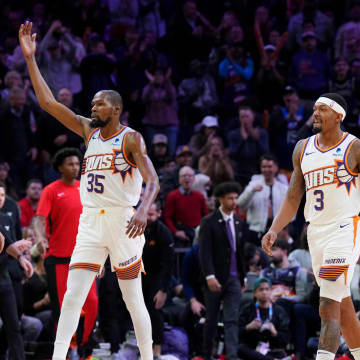 Jan 22, 2024; Phoenix, Arizona, USA; Phoenix Suns forward Kevin Durant (35) and Phoenix Suns guard