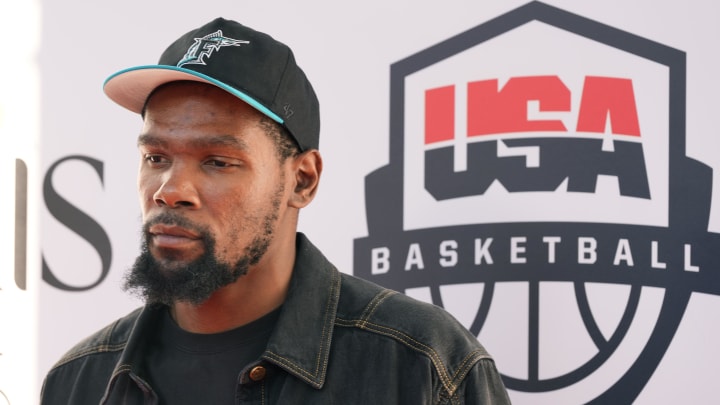 Aug 5, 2024; Paris, FRANCE; United States guard Kevin Durant poses for a photograph during the Paris 2024 Olympic Summer Games at Team USA House. Mandatory Credit: John David Mercer-USA TODAY Sports