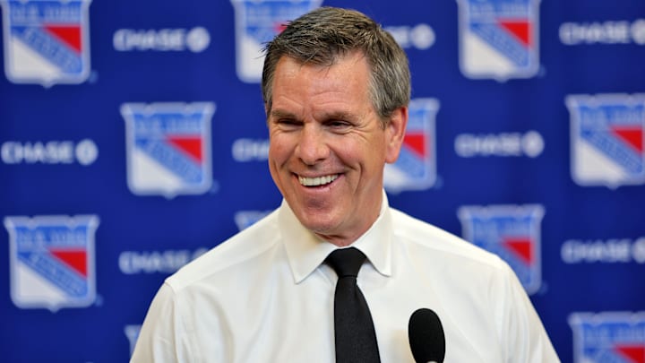 Apr 5, 2026; New York, New York, USA; New York Rangers head coach Mike Sullivan speaks to reporters after an 8-1 win against the Washington Capitals at Madison Square Garden. 