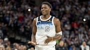 Mar 16, 2025; Minneapolis, Minnesota, USA; Minnesota Timberwolves guard Anthony Edwards (5) celebrates after making a shot against the Utah Jazz in the first half at Target Center. Mandatory Credit: Jesse Johnson-Imagn Images