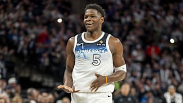 Mar 16, 2025; Minneapolis, Minnesota, USA; Minnesota Timberwolves guard Anthony Edwards (5) celebrates after making a shot against the Utah Jazz in the first half at Target Center. Mandatory Credit: Jesse Johnson-Imagn Images