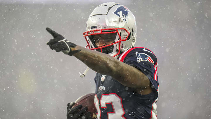 Jan 7, 2024; Foxborough, Massachusetts, USA; New England Patriots wide receiver Jalen Reagor (83) reacts after his catch against the New York Jets in the first half at Gillette Stadium. Mandatory Credit: David Butler II-Imagn Images