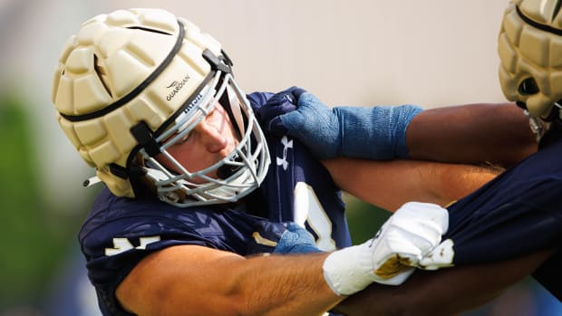 Notre Dame defensive lineman Grant Ristoff gets work in on day one of fall camp 2024