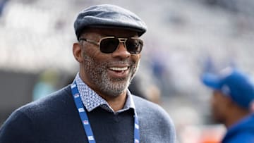 Retired New York Giants player Carl Banks stands on the sideline prior to the start of the game between New York Giants and Indianapolis Colts at MetLife Stadium on Sunday, Dec. 29, 2024.